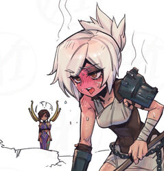  2girls armor bare_shoulders blush brown_corset corset dark-skinned_female dark_skin dress grey_hair grey_skirt hair_between_eyes karma_(league_of_legends) league_of_legends medium_hair multiple_girls phantom_ix_row purple_dress riven_(league_of_legends) short_hair single_bare_shoulder single_shoulder_pad skirt standing sweat teeth tongue tongue_out upper_body 