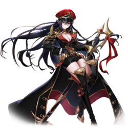  artist_request avencia black_hair boots braid breasts cleavage elf female gloves hair_between_eyes hat high_heel_boots high_heels holding holding_sword holding_weapon large_breasts long_hair long_sleeves looking_at_viewer official_art pointy_ears red_eyes scar scar_on_face sheath sheathed shorts solo sword thigh_boots thighhighs transparent_background twin_braids valkyrie_connect very_long_hair weapon 