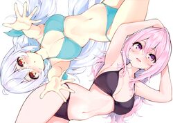  2girls absurdres armpits bare_shoulders bikini blush breasts cleavage cu-no fingernails halterneck highres hisen_kaede long_hair looking_at_viewer lying medium_breasts multiple_girls navel on_back open_mouth outstretched_arms pink_hair purple_eyes rapua_qive scan simple_background smile stomach string_bikini swimsuit thighs white_background white_hair yayoi_sakura yellow_eyes 