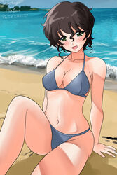  akiyama_yoshiko artist_name beach bikini blue_sky blush breasts brown_hair clear_sky commentary dated day female girls_und_panzer green_eyes grey_bikini horizon knee_up large_breasts looking_at_viewer matsui_yasutsugu mature_female navel ocean one-hour_drawing_challenge open_mouth outdoors shore signature sitting sky smile solo string_bikini swimsuit waves wavy_hair 