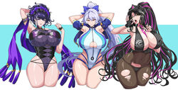  3girls arm_behind_head arm_up armband armlet armpits arms_behind_head arms_up bare_shoulders between_breasts bikini black_bikini black_gloves black_hair black_headwear black_legwear black_one-piece_swimsuit blue_bow blue_eyes blue_flower blue_hair blue_jacket blue_one-piece_swimsuit blue_rose blush bow breasts brown_eyes cleavage clothing_cutout covered_navel cropped_jacket cropped_legs crossed_legs duplicate facial_mark fate/grand_order fate_(series) fellatio_gesture fingerless_gloves flower forehead_mark gloves gold_trim grey_hair hair_between_eyes hair_flower hair_ornament hair_up hairbow half_gloves halterneck hat hella_p highleg highleg_swimsuit huge_breasts jacket large_breasts long_hair looking_at_viewer multicolored_hair multiple_girls murasaki_shikibu_(fate) murasaki_shikibu_(swimsuit_rider)_(fate) murasaki_shikibu_(swimsuit_rider)_(first_ascension)_(fate) necktie necktie_between_breasts ok_sign one-piece_swimsuit open_mouth pantyhose parted_bangs pink_hair pink_necktie pixel-perfect_duplicate police_hat ponytail purple_eyes purple_hair red_eyes rose saliva scarf sessyoin_kiara sessyoin_kiara_(swimsuit_mooncancer) sessyoin_kiara_(swimsuit_mooncancer)_(second_ascension) shawl short_sleeves smile streaked_hair swimsuit thighs tied_hair tomoe_gozen_(fate) tomoe_gozen_(swimsuit_saber)_(fate) tomoe_gozen_(swimsuit_saber)_(first_ascension)_(fate) tongue tongue_out torn_clothes torn_legwear two-tone_swimsuit underboob_cutout very_long_hair white_one-piece_swimsuit yellow_eyes 