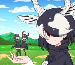  3girls antelope_ears antelope_horns apron arms_up australian_devil_(kemono_friends) bare_shoulders batten_japari_dan black_apron black_cape black_hair black_legwear black_skirt blackbuck_(kemono_friends) blouse brown_footwear brown_gloves brown_hair cape commentary_request detached_sleeves extra_ears eyepatch forced_perspective gloves hair_over_one_eye kemono_friends kemono_friends_3 loafers long_hair long_sleeves looking_at_viewer medical_eyepatch multicolored_hair multiple_girls open_mouth outdoors pleated_skirt pon1006mrn red_eyes shirt shoes short_hair skirt sleeveless smile standing standing_on_one_leg tasmanian_devil_(kemono_friends) tasmanian_devil_ears tasmanian_devil_tail thighhighs white_hair white_shirt zettai_ryouiki 