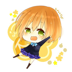  :3 :d arm_up blush bow bow_tie bowtie chibi green_eyes heart hoshizora_rin love_live!_school_idol_project oerba_yun_fang open_mouth orange_hair plaid plaid_skirt pleated_skirt school_uniform skirt smile yellow_background yukishiro yukishiro_(pixiv2719180) 