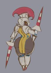  anthro anthrofied armor ass big_butt clothed clothing escavalier female generation_5_pokemon grey_background hi_res liveforthefunk looking_back nintendo pokemon pokemon_(species) pokemorph simple_background solo unconvincing_armor weapon wide_hips 