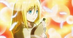  angelical animated animated blonde_hair blue_eyes bottle bubble bubbles christa_renz feathers lipstick long_hair lowres makeup shingeki_no_kyojin shining smile sparkle 