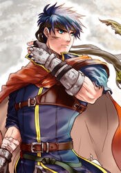  1boy armor blood blue_eyes blue_hair cape commentary_request fire_emblem fire_emblem:_path_of_radiance fire_emblem_heroes gii_(bu-chaka) gloves headband ike_(fire_emblem) male_focus photoshop_(medium) solo 