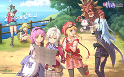  6+girls blue_eyes blue_hair bush coat eiyuu_densetsu emblem fie_claussell food forest green_hair hair_ribbon hat highres holding holding_food kea_(eiyuu_densetsu) logo looking_at_another millium_orion mishy monster multiple_girls nature ocean official_art official_wallpaper outdoors pink_shorts purple_hair renne_(eiyuu_densetsu) ribbon ruins sen_no_kiseki shorts smile sora_no_kiseki surprised tio_plato tita_russell tree two_side_up uniform white_hair yellow_eyes zero_no_kiseki 