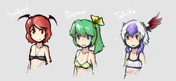  3girls :d alternate_costume alternate_hair_length alternate_hairstyle bat_wings bikini blue_eyes blush bow breasts character_name cleavage collarbone commentary_request daiyousei feathers flat_chest green_hair grey_background hairbow head_wings horns koakuma light_smile looking_at_another looking_at_viewer multicolored_hair multiple_girls o-ring o-ring_top open_mouth purple_hair red_eyes red_hair red_wings short_hair side_ponytail sidelocks simple_background single_head_wing single_wing smile sports_bra swimsuit tokiko_(touhou) touhou tren two-tone_hair white_hair wings 