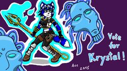  16:9 2015 accessory ace_arcana anthro armor belt black_nose blue_body blue_fur blue_hair boots bracers canid canine clothing english_text female fingerless_gloves footwear fox fur gem gloves green_eyes gun hair hair_accessory handgun handwear jacket jewelry krystal_(star_fox) magic mammal markings melee_weapon miiverse navel nintendo polearm ranged_weapon short_hair shoulder_pads signature solo spirit staff star_fox text topwear weapon white_body white_fur widescreen 