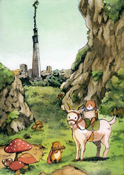  bridle canvas_(medium) cape cliff colorized commentary_request fantasy goat gouache_(medium) grass highres holding horns kirisawa_juuzou moss mushroom no_humans original outdoors painting_(medium) riding rock saddle tokyo_skytree traditional_media 