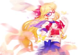  aino_minako artist_name back_bow bishoujo_senshi_sailor_moon blonde_hair blue_eyes blue_sailor_collar blue_skirt blurry bow choker codename_wa_sailor_v commentary crescent crescent_compact_(sailor_moon) crescent_facial_mark dated domino_mask elbow_gloves facial_mark female forehead_mark gloves hairbow half_updo light_smile long_hair magical_girl mask miniskirt one_eye_closed parted_lips puffy_short_sleeves puffy_sleeves red_bow sailor_collar sailor_senshi_uniform sailor_v shabomu short_sleeves skirt solo very_long_hair white_background white_gloves 