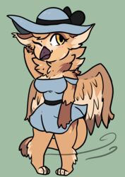  avian barefoot beak bird blush breasts chibi clothing digitigrade dress feathered_wings feathers feet female gryphon hat headgear headwear kat-astrophiic mythological_avian mythological_creature mythology non-mammal_breasts one_eye_closed owl simple_background solo sona_(noxiis) sun_hat sundress wide_brim_hat wind wings wink 