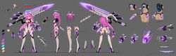  300_heroes absurdres bad_id bad_pixiv_id breasts center_opening character_profile cleavage commentary_request elbow_gloves female fingerless_gloves gloves halo headgear highres isha_(300_heroes) leotard long_hair medium_breasts multiple_views original photoshop_(medium) pink_eyes pink_hair sideboob sword thighhighs weapon zhuore_zhi_hen 