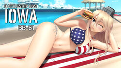  american_flag american_flag_bikini american_flag_print arm_support battleship beach bikini blonde_hair breasts burger commentary_request day female flag_print food headgear historical_name_connection iowa_(kancolle) kantai_collection large_breasts long_hair lying military military_vehicle name_connection navel object_namesake on_side one_eye_closed photoshop_(medium) print_bikini ship side-tie_bikini_bottom solo swimsuit tai_(2vs) tongue tongue_out uss_iowa_(bb-61) vehicle_and_personification warship watercraft 