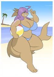  anthro beach big_breasts bikini breasts clothed clothing female feonna_starglaze fish hair hi_res huge_breasts huge_thighs marine non-mammal_breasts palm_tree plant purple_eyes purple_hair seaside shark slightly_chubby solo swimwear theroflcoptr thick_thighs tree 