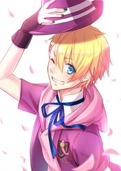  1boy bad_id bad_pixiv_id blonde_hair blue_eyes commentary_request earrings grin hair_ornament hairclip hat jewelry kurusu_shou male_focus oerba_yun_fang one_eye_closed removing_hat ribbon smile solo tachibana_rintarou uta_no_prince-sama 