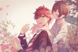  1boy blue_eyes closed_eyes commentary_request dance_with_devils female flower happy pekoo_(pekota) pink_flower red_hair short_hair skirt smile tachibana_lindo tachibana_ritsuka 