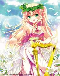  bird blonde_hair blush bracelet cloud commentary_request dress elf female field flower flower_field flying green_eyes hair_ornament halterneck harp ichiyou_moka instrument jewelry leaf_hair_ornament lily_(flower) long_hair monster_collection open_mouth pink_dress pointy_ears sky sleeveless sleeveless_dress smile solo very_long_hair 