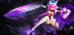  300_heroes absurdres bad_id bad_pixiv_id breasts center_opening cleavage commentary_request elbow_gloves female gloves halo headgear highres isha_(300_heroes) leotard long_hair medium_breasts original photoshop_(medium) pink_hair sideboob solo sword thighhighs weapon zhuore_zhi_hen 