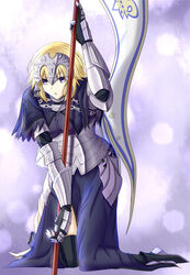  akashiro_sen armor blonde_hair braid commentary_request dress fate/apocrypha fate_(series) female flag gauntlets headpiece jeanne_d&#039;arc_(fate) jeanne_d&#039;arc_(ruler)_(fate) long_hair single_braid solo thighhighs 