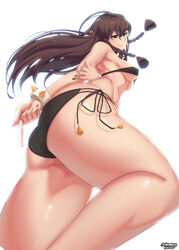  arm_behind_back artist_name ass bad_id bad_pixiv_id bandeau bikini black_bikini black_nails blush bracelet braid brown_eyes brown_hair chun-li closed_mouth eyebrows female fingernails floating_hair from_below from_side hair_between_eyes hand_on_own_arm jewelry long_fingernails long_hair looking_at_viewer multi-strapped_bikini_bottom nail_polish pointing side-tie_bikini_bottom simple_background smile solo spiked_bracelet spikes stormcow strapless street_fighter swimsuit toned twin_braids white_background 