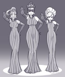  3girls ahoge bad_id bad_tumblr_id bare_shoulders bliss_barson breasts cocktail_dress commentary cryamore curvy deseret_amoir dress earrings elbow_gloves english_commentary eyelashes gloves hair_up hand_on_own_hip highres huge_ahoge jewelry large_breasts long_dress mole monochrome multiple_girls music necklace pearl_necklace purple_theme robaato singing small_breasts sorbet_la_carelle striped tan vertical_stripes 