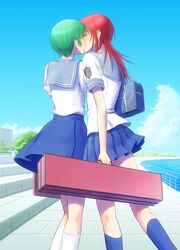  2girls bag blue_skirt bonnie_(rsg) building case city cloud commentary_request day emblem from_behind fuyuumi_shoko green_hair hair_ornament hairclip handbag hino_kahoko holding kissing la_corda_d&#039;oro multiple_girls ocean outdoors pavement plant pleated_skirt railing red_hair road school_bag school_uniform shirt shore short_hair skirt sky stairs stone_stairs street tree water white_shirt yuri 