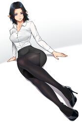  absurdres blaccura black_hair black_pantyhose black_skirt blue_eyes bra_visible_through_clothes breasts commentary commission female full_body high_heels highres large_breasts legs medium_hair office_lady original pantyhose parted_bangs pencil_skirt pointy_ears shirt sitting skirt smile solo white_background white_shirt 