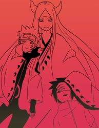  2boys bad_end empty_eyes forehead_protector hand_over_eyes high_collar horns japanese_clothes kimono monochrome multiple_boys naruto naruto_shippuuden o96ap ootsutsuki_kaguya third_eye uchiha_sasuke uzumaki_naruto very_long_hair whiskers wide_sleeves 