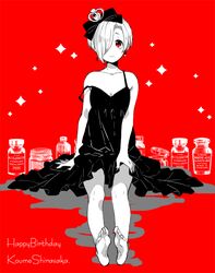  bad_id bad_pixiv_id bare_legs barefoot black_dress character_name commentary_request dress ear_piercing earrings female hair_over_one_eye hair_ribbon hanafuda_yatsuwo happy_birthday idolmaster idolmaster_cinderella_girls jewelry looking_at_viewer monochrome piercing red_eyes ribbon shirasaka_koume short_hair sitting smile solo spot_color strap_slip 