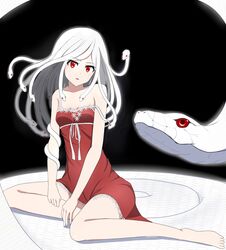  :o arice-spead-21 barefoot chemise commentary_request dress female kuchinawa legs long_hair long_legs monogatari_(series) otorimonogatari red_eyes sengoku_nadeko sitting snake snake_hair solo strap_slip white_hair yokozuwari 