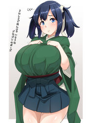  blue_hair breasts commentary_request eyebrows female gradient_background grey_background hair_between_eyes hair_ribbon hakama hakama_short_skirt hakama_skirt headband highres huge_breasts impossible_clothes japanese_clothes kantai_collection kimono konoshige_(ryuun) pleated_skirt ribbon skirt solo souryuu_(kancolle) souryuu_kai_ni_(kancolle) translated twintails white_background white_ribbon 