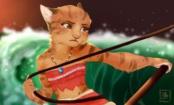  anthro brown_eyes disney domestic_cat felid feline felis female fur jewelry kahncchi mammal meowana midriff moana necklace sea solo striped_body striped_fur stripes water zootopia 