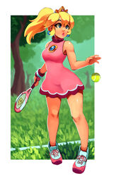  absurdres ball bare_arms bare_legs bare_shoulders blonde_hair blue_eyes border brooch commentary crown day dress earrings english_commentary female floating_hair full_body grass hand_up high_ponytail highres holding jewelry lips long_hair looking_up mario_(series) mario_tennis mario_tennis_aces official_alternate_costume outdoors parted_lips photoshop_(medium) pink_dress ponytail princess_peach racket ravenousruss shoes short_dress sleeveless sleeveless_dress solo standing tennis_ball tennis_dress tennis_peach tennis_racket tree 