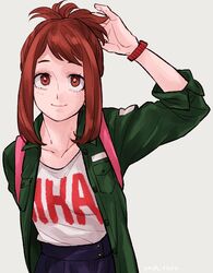  adjusting_hair arm_up bad_id bad_pixiv_id bag boku_no_hero_academia breasts brown_eyes brown_hair casual female medium_breasts open_clothes ponytail shirt sidelocks simple_background skirt sleeves_rolled_up smile solo t-shirt upper_body uraraka_ochako watch white_background white_shirt yoshitaro_(almendra) 