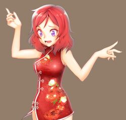  alternate_costume arms_at_sides bad_id bad_pixiv_id bare_arms bare_shoulders breasts brown_background china_dress chinese_clothes dress female floral_print looking_down love_live! love_live!_school_idol_project medium_breasts nishikino_maki open_mouth purple_eyes red_dress red_hair short_hair simple_background sizque sleeveless sleeveless_dress solo 