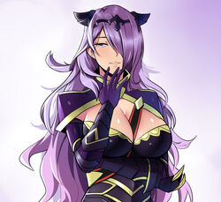  armor black_armor blush breasts camilla_(fire_emblem) cleavage commentary dodomir23 female fire_emblem fire_emblem_fates gloves gradient_background hair_over_one_eye highres large_breasts lips long_hair looking_at_viewer purple_background purple_eyes purple_hair smile solo tiara very_long_hair wavy_hair 