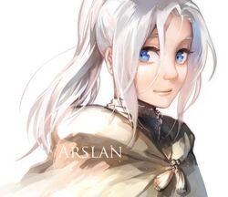  1boy arslan arslan_senki blue_eyes cape character_name commentary hair_between_eyes long_hair male_focus noahxica smile solo white_hair 