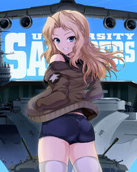  aircraft aircraft_carrier airplane ass black_shirt blue_shorts blue_sky brown_jacket c-5m_super_galaxy commentary cowboy_shot cutoffs day denim denim_shorts emblem english_text female from_behind girls_und_panzer grin hair_intakes hands_in_pockets highres jacket kasai_shin kay_(girls_und_panzer) long_hair looking_at_viewer looking_back m4_sherman military military_uniform military_vehicle motor_vehicle off_shoulder open_clothes open_jacket outdoors saunders_military_uniform sherman_firefly ship shirt short_shorts shorts sky smile solo standing star_(symbol) tank tank_top tanker_jacket text_background thighhighs thighs uniform uss_george_washington_(girls_und_panzer) warship watercraft white_thighhighs wind 