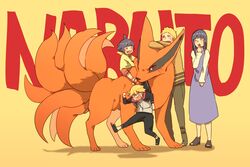  2boys 2girls blonde_hair boruto:_naruto_next_generations commentary_request copyright_name facial_mark family hyuuga_hinata kitsune kurama_(naruto) kyuubi laughing mizuto_(o96ap) mother_and_daughter multiple_boys multiple_girls multiple_tails naruto naruto_(series) purple_hair tail uzumaki_boruto uzumaki_himawari uzumaki_naruto whisker_markings 