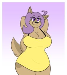  anthro big_breasts black_eyebrows black_nose breasts brown_body brown_fur canid canine canis cleavage clothed clothing curvy_figure dress eye_through_hair eyebrow_through_hair eyebrows female feonna_starglaze fur gradient_background hair huge_breasts huge_thighs mammal monotone_hair mouth_closed purple_eyes purple_hair simple_background smile solo theroflcoptr thick_thighs translucent translucent_hair voluptuous wide_hips wolf yellow_clothing yellow_dress 