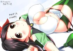  amagi_(kancolle) amagi_kai_(kancolle) blush_stickers breasts brown_eyes brown_hair cleavage cleavage_cutout clothing_cutout commentary_request crop_top female flower green_thighhighs hair_flower hair_ornament hip_vent impossible_clothes kantai_collection kuon_(break_through) large_breasts light_smile long_hair looking_at_viewer lying midriff mole mole_under_eye on_back parted_bangs ponytail short_sleeves solo thighhighs upside-down zettai_ryouiki 