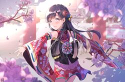  bad_id bad_pixiv_id black_eyes black_hair cherry_blossoms female flower hair_flower hair_ornament idolmaster idolmaster_cinderella_girls idolmaster_cinderella_girls_starlight_stage japanese_clothes kimono kobayakawa_sae long_hair outstretched_arms smile solo ultone_(neisiss) 