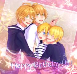  4boys ahoge bad_id bad_pixiv_id blonde_hair blue_eyes blush brothers character_name commentary_request dual_persona english_text glasses green_eyes group_hug hair_ornament hairclip happy_birthday hug kurusu_kaoru kurusu_shou male_focus multiple_boys necktie one_eye_closed open_mouth shinomiya_natsuki_(uta_no_prince-sama) shinomiya_satsuki siblings smile star_(symbol) tachibana_rintarou twins uta_no_prince-sama 