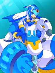  android bad_id bad_twitter_id blue_background blue_eyes boots commentary_request crop_top fairy_leviathan_(mega_man) female gloves head_rest helmet highres knees_together_feet_apart light_smile mega_man_(series) mega_man_zero_(series) mega_man_zero_2 omeehayo on_shoulder poler_kamrous robot robot_girl simple_background thigh_boots thighhighs white_gloves yellow_eyes 