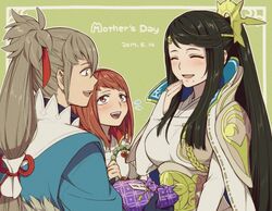  1boy 2017 2girls black_hair blush closed_eyes commentary_request dress fire_emblem fire_emblem_fates hairband hiyori_(rindou66) japanese_clothes long_hair mikoto_(fire_emblem) mole mole_under_mouth mother&#039;s_day mother_and_daughter mother_and_son multiple_girls open_mouth ponytail red_hair sakura_(fire_emblem) short_hair smile takumi_(fire_emblem) very_long_hair white_hair 