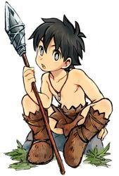  1boy black_hair boots bright_pupils commentary_request doraemon doraemon:_nobita_no_nihon_tanjou full_body grass grey_eyes ieiieiiei kukuru_(doraemon) loincloth male_focus open_mouth polearm rock simple_background sitting solo spear tan weapon whistle white_background 