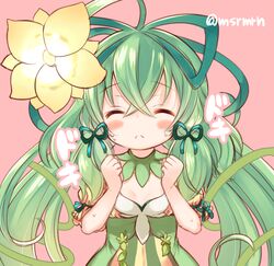  alraune_(p&amp;d) bad_id bad_pixiv_id blush clenched_hands closed_eyes detached_collar female flower frown hair_flower hair_ornament hair_ribbon heartbeat incoming_kiss long_hair mashiro_miru monster_girl pink_background plant_girl puzzle_&amp;_dragons ribbon solo sweat twitter_username upper_body 