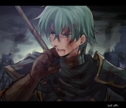  1boy angry armor blood blood_on_face blue_eyes brown_gloves cape commentary_request darkness ephraim_(fire_emblem) fire_emblem fire_emblem:_the_sacred_stones gloves green_eyes green_hair highres kometubu0712 male_focus pauldrons polearm ruins serious shoulder_armor smoke solo spear weapon 