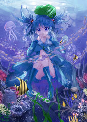  absurdres blue_eyes blue_footwear blue_hair boots bow commentary_request daikazoku63 female fish green_hat hairbow hat highres holding_breath jellyfish kawashiro_nitori key looking_away looking_down short_hair solo touhou twintails underwater wrench 